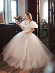 White Tulle Puffy Sleeves Long Prom Dress Sweet 16 Gowns