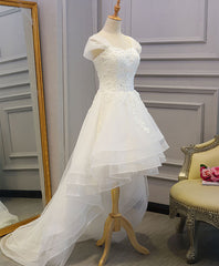 Elegant White Lace Tulle High Low Long Wedding Bridal Dress