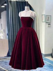 Burgundy Tea Length Prom Dress for Women Formal Evening Party Wear