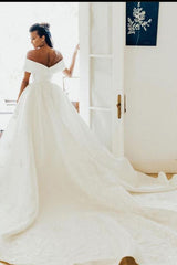 Elegant White V-Neck Off-Shoulder Lace Ball Gown Wedding Dress with Cathedral Train