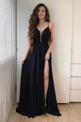 Elegant Black Spaghetti-Strap Long Prom Dress with Daring Split for Special Occasions