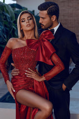 Glamorous Burgundy Sequin Mermaid Prom Gown with Bowknot, Long Sleeves & Slit