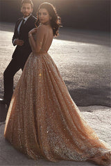 Sparkling Gold Sequin V-Neck Prom Gown for Women, Elegant Sleeveless Long Formal Dress