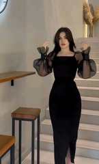 Charming Black Square Neck Long Sleeve Side Split Prom Dress