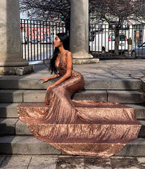 Shimmering Rose Gold Sequin Mermaid Prom Dress Spaghetti Straps Elegant Gown