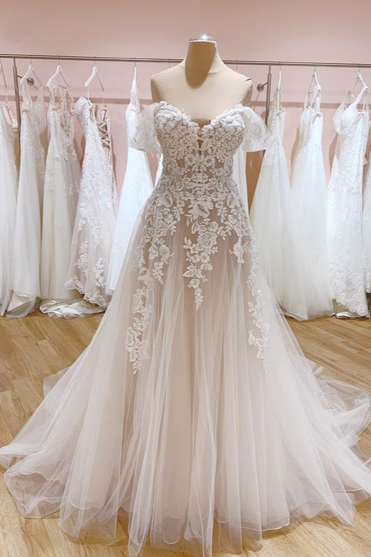Elegant Off-Shoulder A-Line Wedding Gown with Sweetheart Backless Tulle and Train