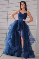 Navy Spaghetti-Strap Ruffled High-Low Prom Dress with Split