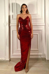 Burgundy V Neck Sequins Mermaid Prom Dress for Women Online
