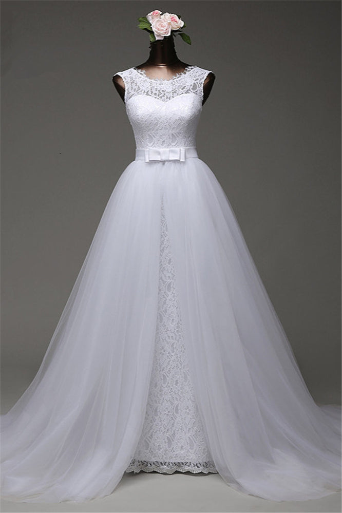Jewel Sleeveless Lace Long Wedding Dress with Tulle Overskirt for Bridal Elegance