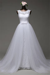 Jewel Sleeveless Lace Long Wedding Dress with Tulle Overskirt for Bridal Elegance