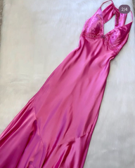 Hot Pink Satin V-Neck Prom Dress Vintage Long Party Gown