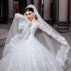 Elegant Princess Beaded Applique Long Wedding Dress with Sleeves and Tulle