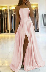 Elegant Spaghetti Straps Floor-Length Prom Dress with Side Slit for Women