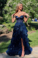 Navy Blue Off Shoulder Lace Long Prom Dress with High Split
