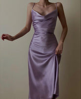 Purple Satin Silk Bodycon Evening Dresses Spaghetti Straps Prom Gowns