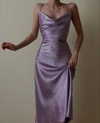 Purple Satin Silk Bodycon Evening Dresses Spaghetti Straps Prom Gowns