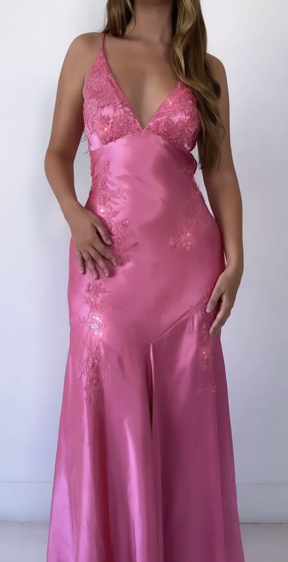V Neck Long Prom Dress Evening Gown Satin Red Pink