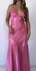V Neck Long Prom Dress Evening Gown Satin Red Pink