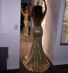Gold Sequin Evening Prom Dress Long Mermaid Bridesmaid Custom Made