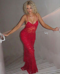 Red Lace Prom Dresses Spaghetti Straps Birthday Party Gowns for Women