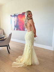 Elegant Yellow Backless Lace Prom Evening Gown Dress For Women