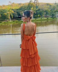 Elegant Orange A-Line Modest Formal Long Women Evening Prom Party Dresses