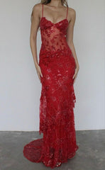 Red Lace Prom Dresses Spaghetti Straps Birthday Party Gowns for Women