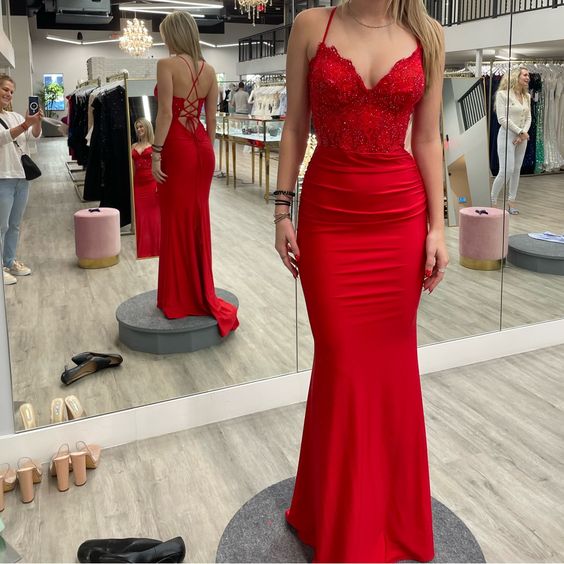 Red V Neck Prom Dresses Long Elegant Evening Gowns