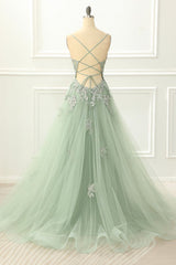 Gorgeous Green Tulle Spaghetti Straps Prom Dress with Appliques Details