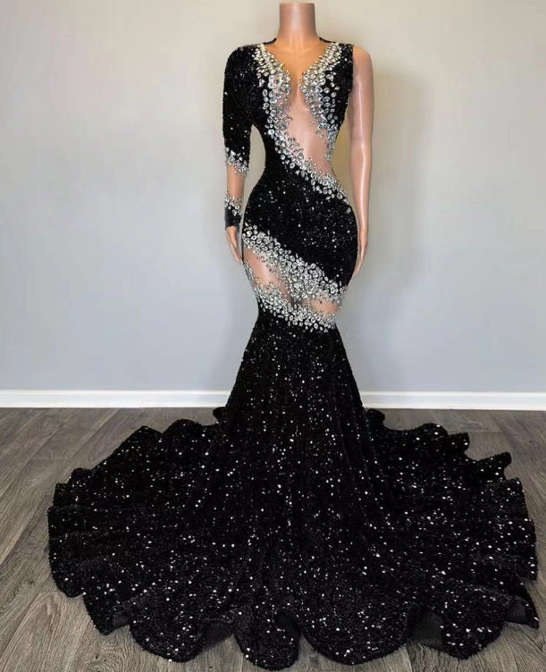 Sequined One Shoulder Prom Dresses for Evening Black Sparkly Formal Events