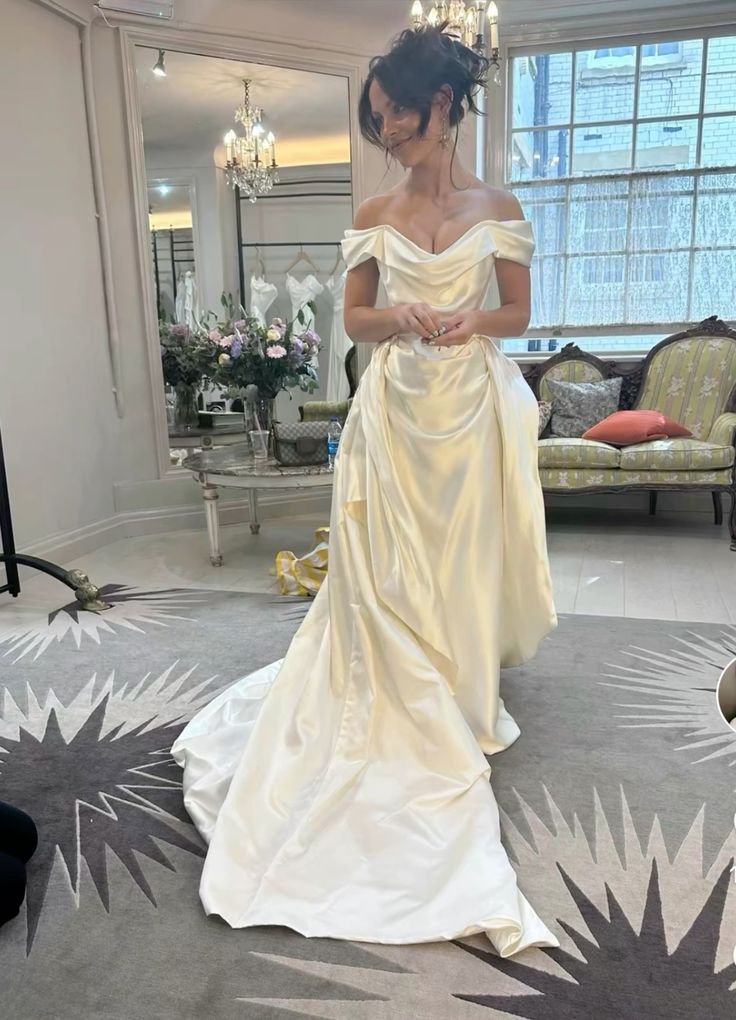 A-line Satin Wedding Dress Off The Shoulder For Women