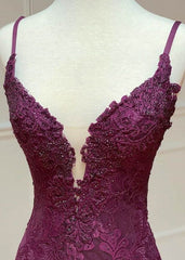 Mermaid Trumpet Spaghetti Straps Grape Lace Beaded Prom Evening Dress