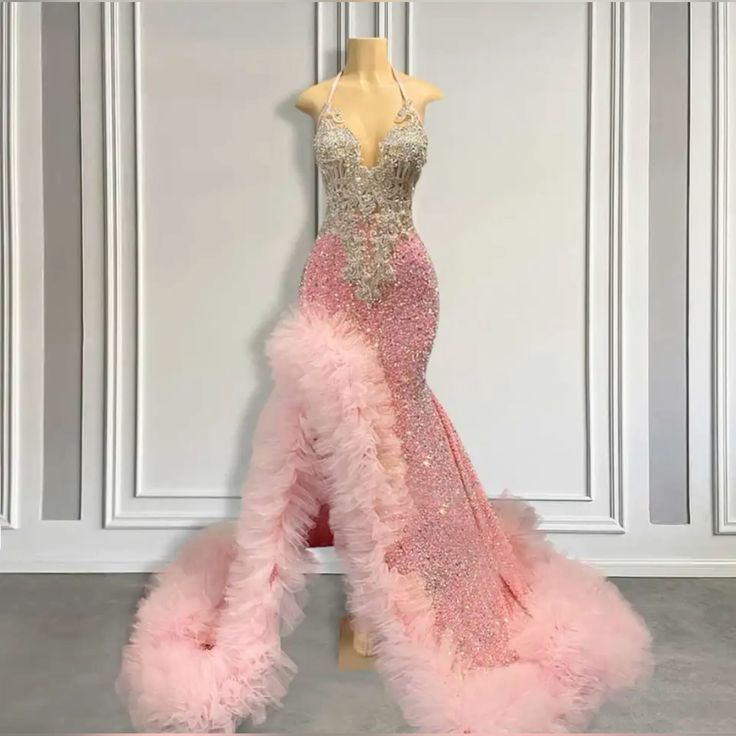 Gorgeous Pink Mermaid Prom Dress for Women Sparkly Crystal Ruffles Velvet Gorgeous Pink Mermaid Prom Dress for Women Sparkly Crystal Ruffles Velvet