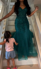 Dark Green Mermaid Tulle Lace Prom Dress Formal Gown for Winter