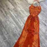 Elegant Orange Spaghetti Straps Beaded Prom Dress Party Gown For Women