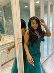 Dark Green Mermaid Tulle Lace Prom Dress Formal Gown for Winter