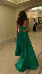 Green Long Pleated Prom Evening Dress