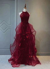 Sequined Wine Red Tulle Halter Long Prom Evening Dress