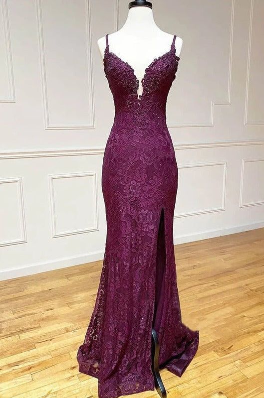 Mermaid Trumpet Spaghetti Straps Grape Lace Beaded Prom Evening Dress