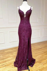 Mermaid Trumpet Spaghetti Straps Grape Lace Beaded Prom Evening Dress