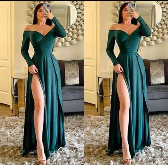 Elegant Mermaid Long Sleeves Side Slit Formal Prom Evening Dresses