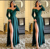 Elegant Mermaid Long Sleeves Side Slit Formal Prom Evening Dresses