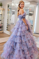 Elegant Print Flutter Sleeve Ruffle Tiered Long Prom Dress