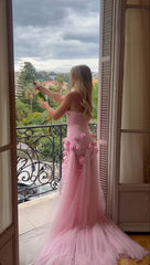 Pink Strapless High Slit Flower Prom Dress for Women Formal Gowns