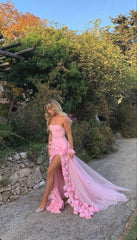 Pink Strapless High Slit Flower Prom Dress for Women Formal Gowns