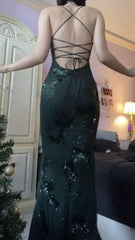 V Neck Green Prom Dresses Evening Gowns with Sequin Details