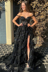 Elegant Black Off The Shoulder Tiered Prom Dress