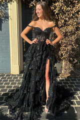Elegant Black Off The Shoulder Tiered Prom Dress