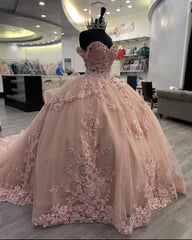 Beautiful Pink Lace Long Prom Ball Gown Sweet 16 Dresses