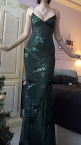 V Neck Green Prom Dresses Evening Gowns with Sequin Details